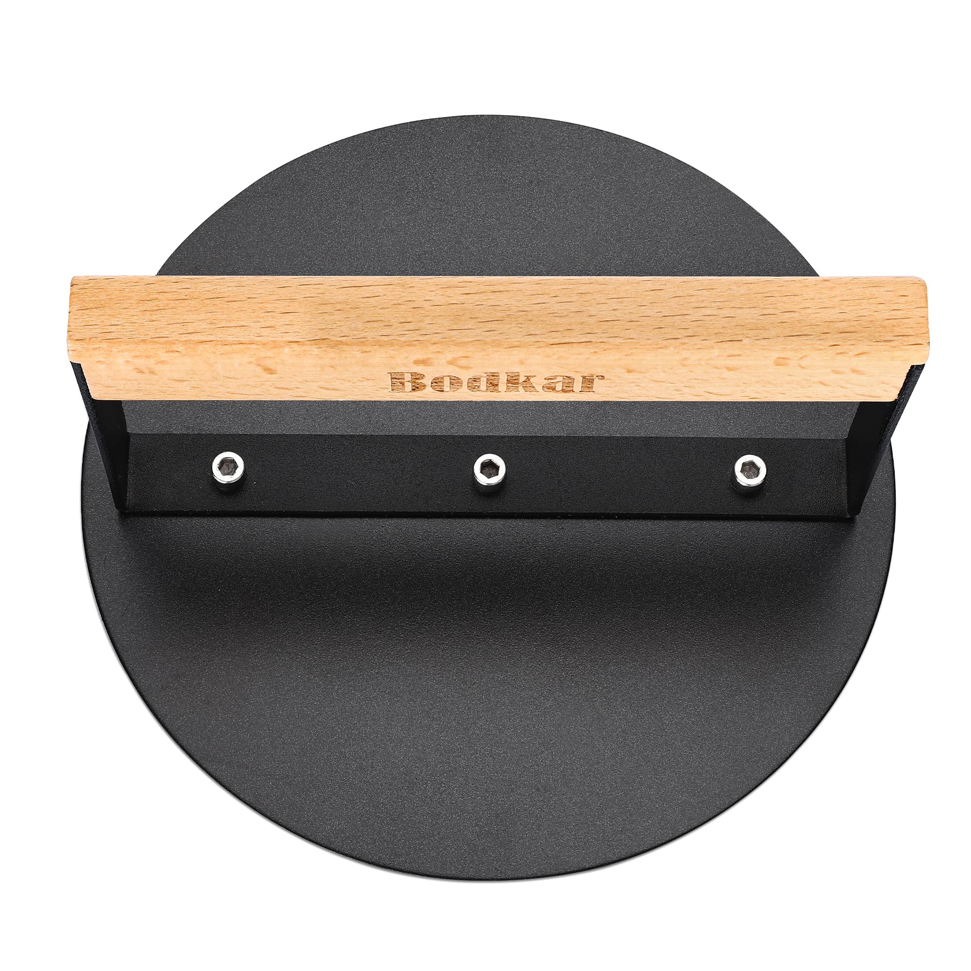 bodkar Smash Burger Press with wood handle front view