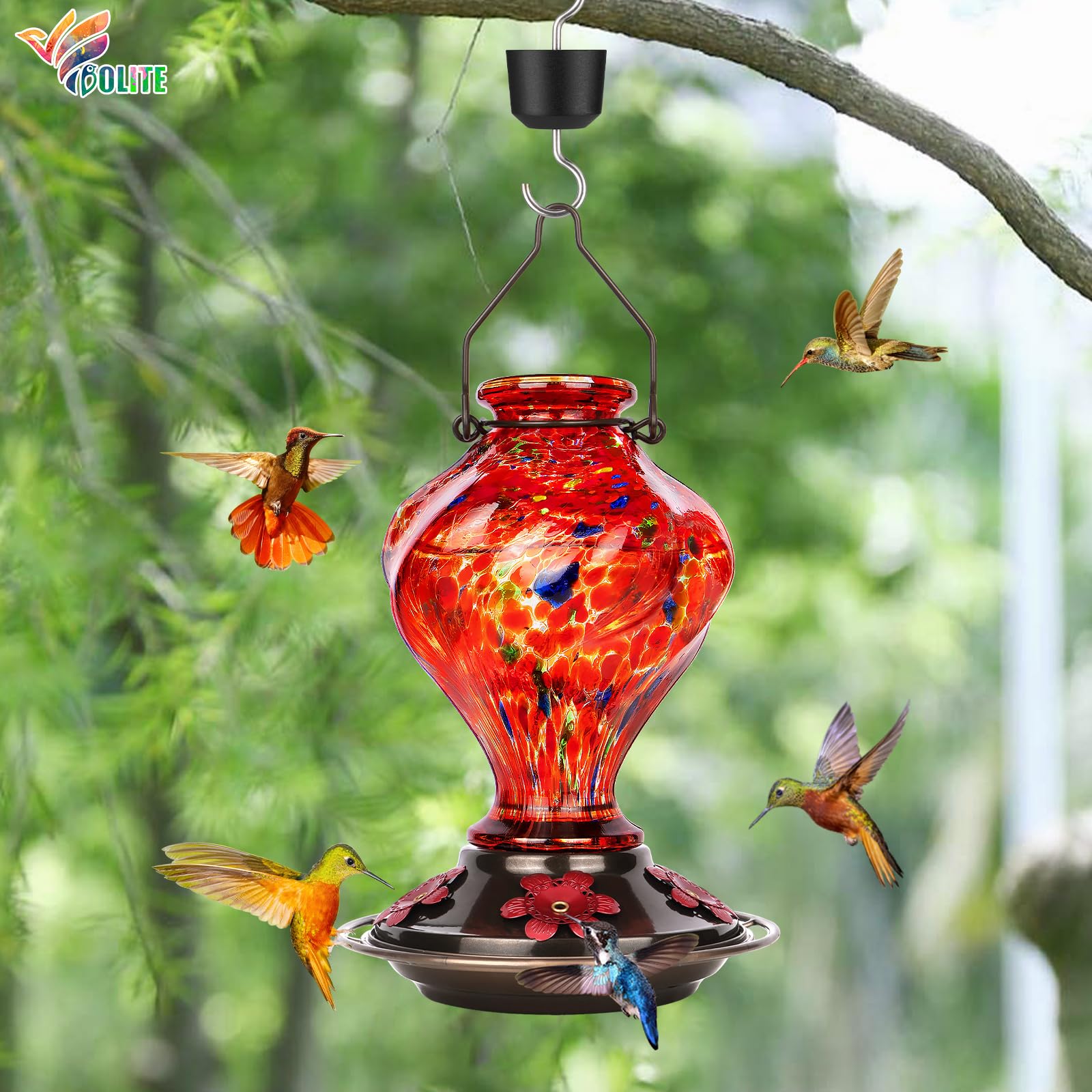 BOLITE Glass Hummingbird Feeder in a garden setting