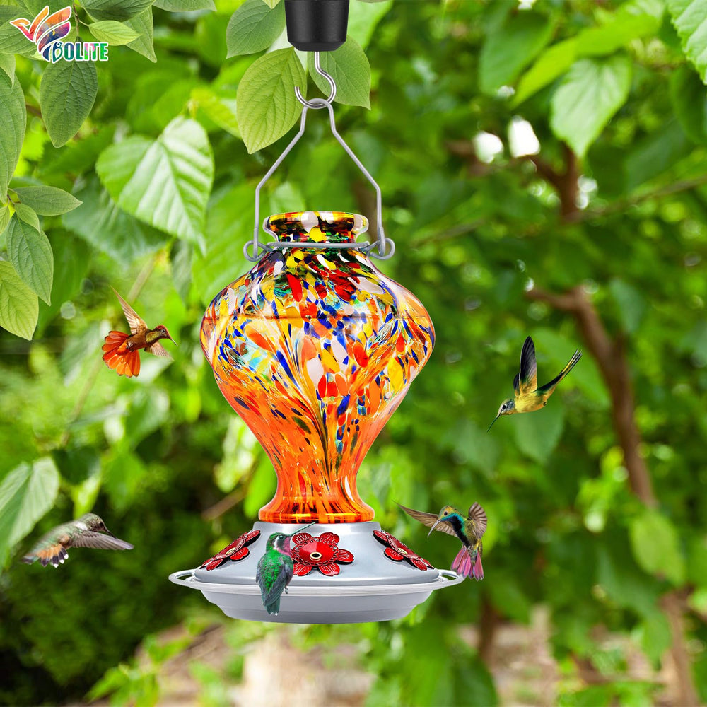 BOLITE hummingbird feeder in garden setting attracting birds