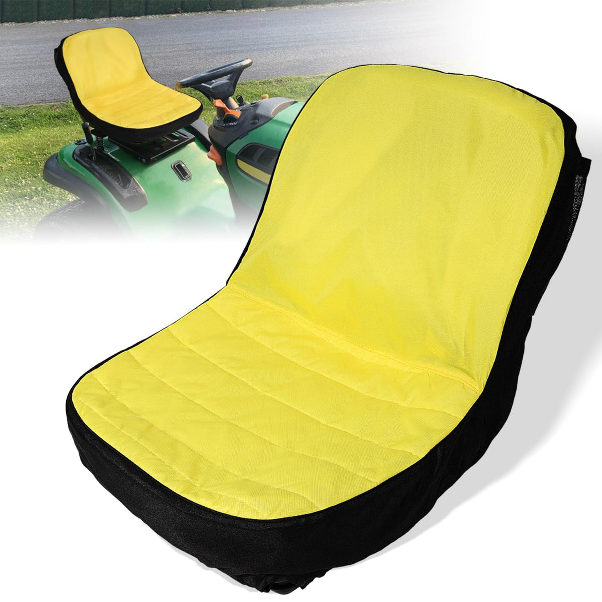 Bonbo Riding Mower Seat Cover front view, yellow, fits John Deere