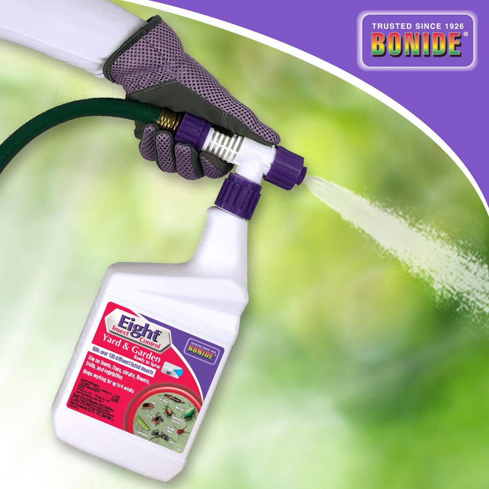 Bonide Eight Insect Control 32 oz bottle on a wooden surface