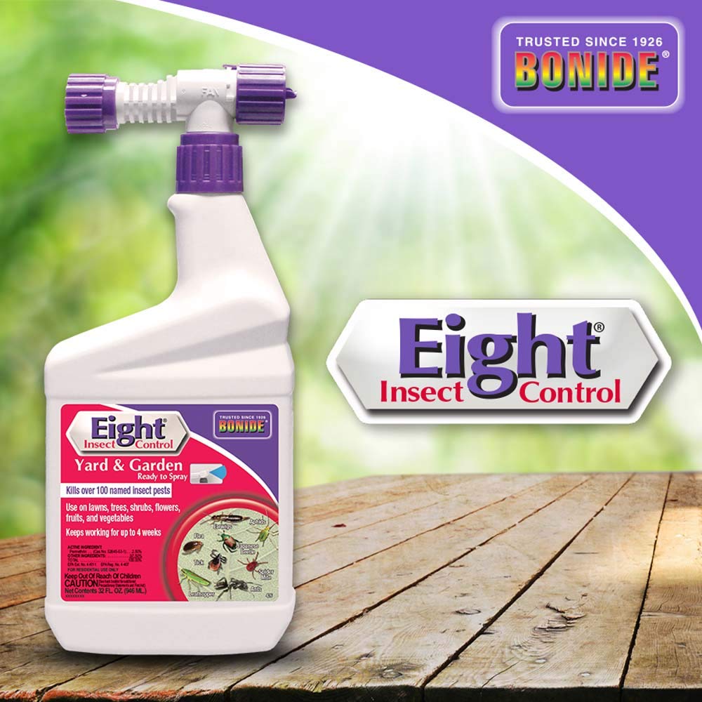 Bonide Eight Insect Control displayed with various outdoor plants