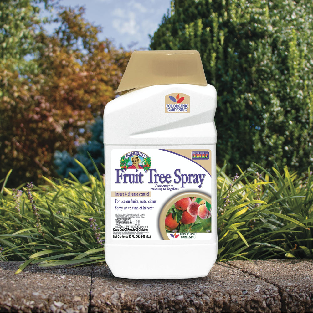 Bonide Fruit Tree Spray 32 oz concentrate displayed on garden shelf