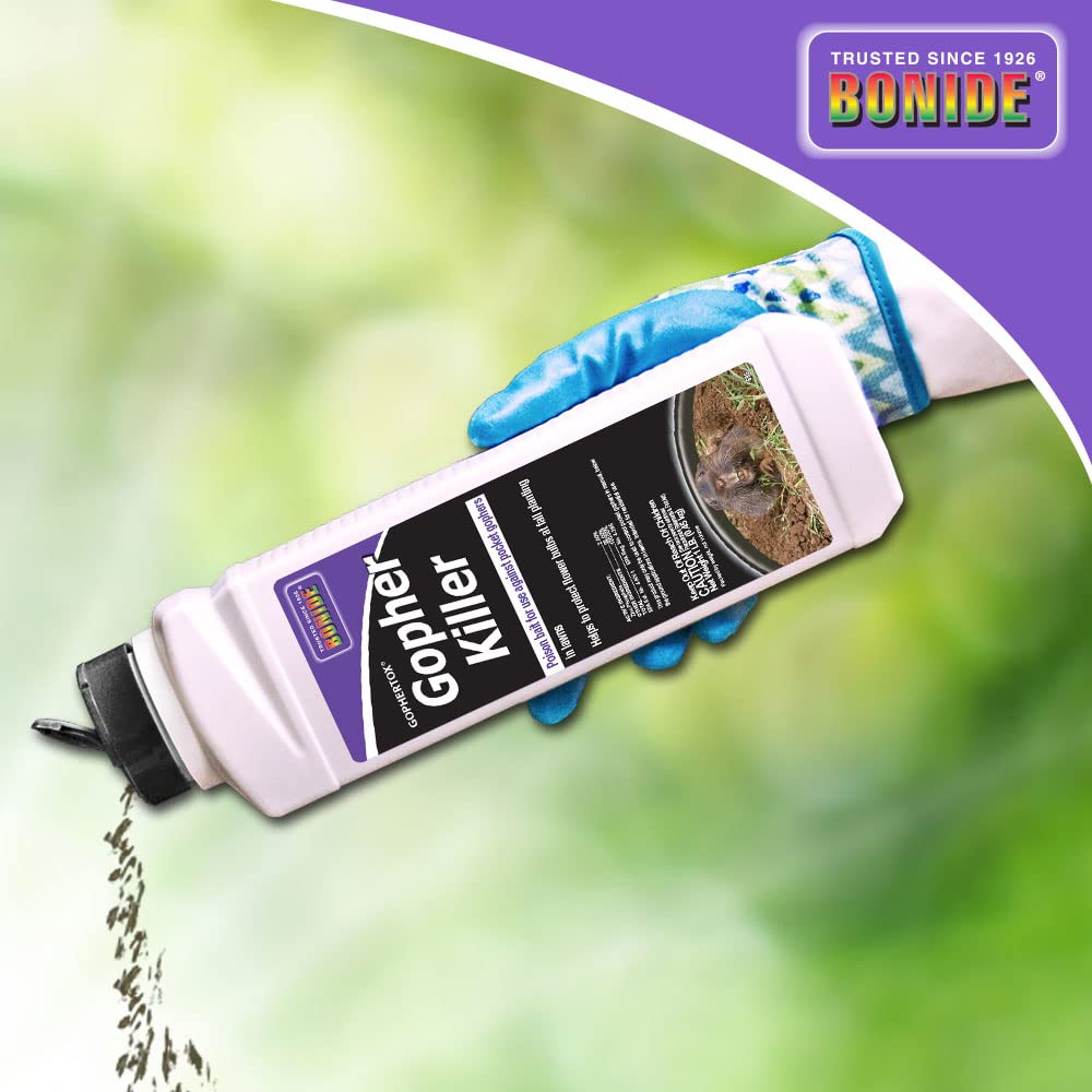 Bonide Gophertox Gopher Killer granules in garden setting