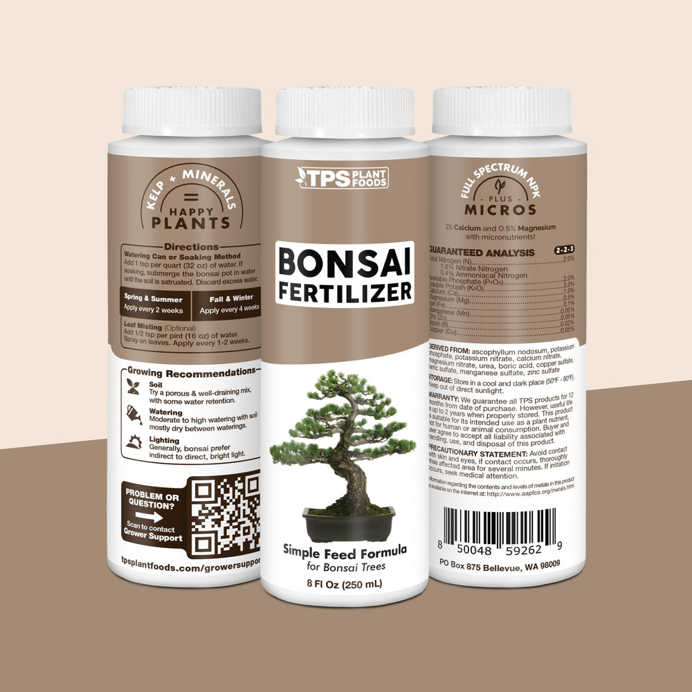 Bonsai tree care tools alongside TPS NUTRIENTS Bonsai Fertilizer