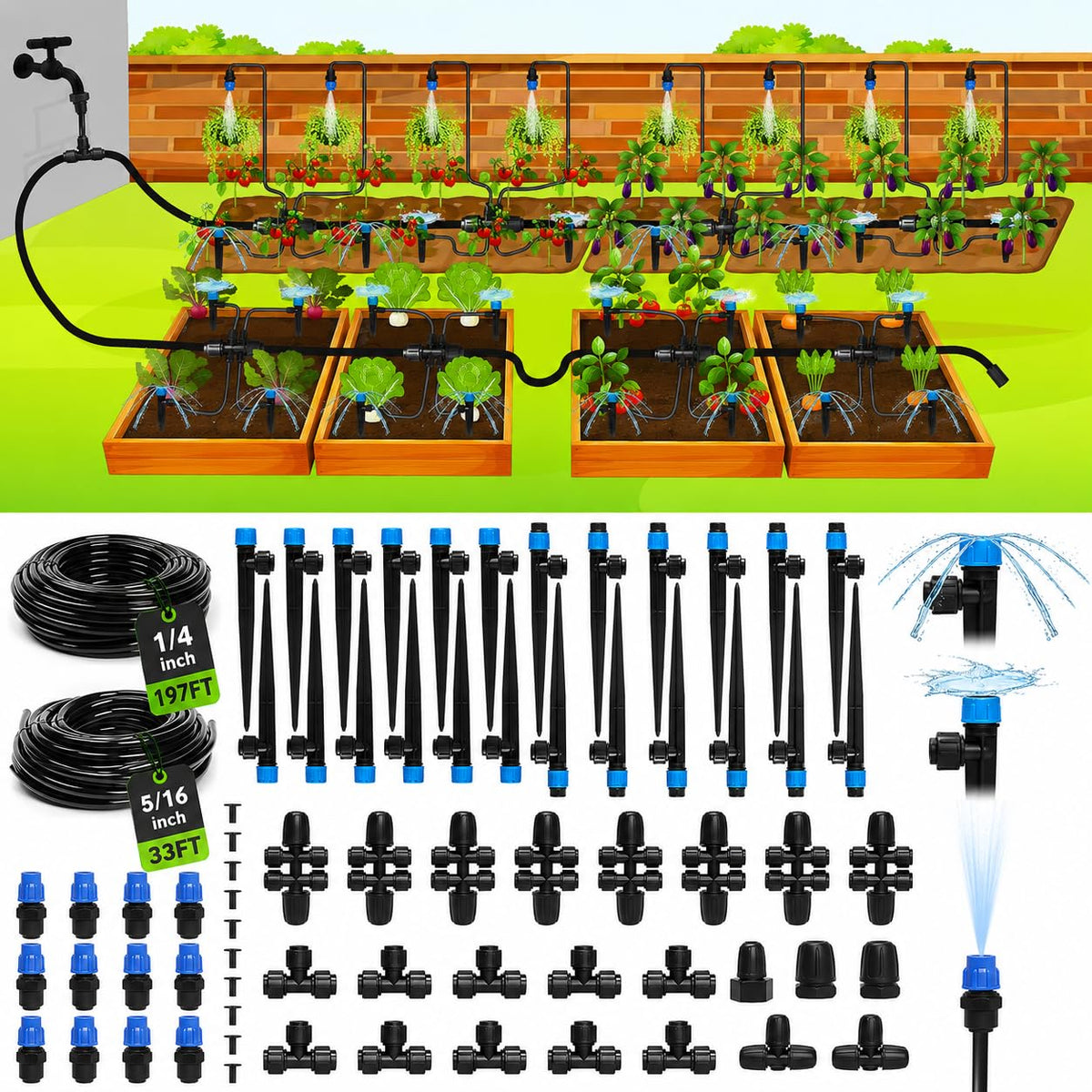 Bonviee Drip Irrigation System Kit 230FT main components including tubing and connectors