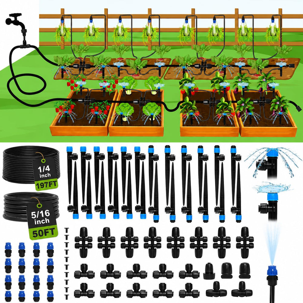 Bonviee Drip Irrigation System Kit with 50FT main tubing and 197FT distribution hose