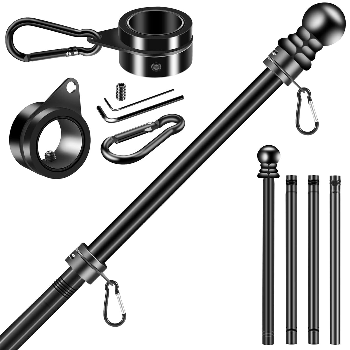 BONWIN 5 FT Black Flag Pole Kit with spinning ring clip