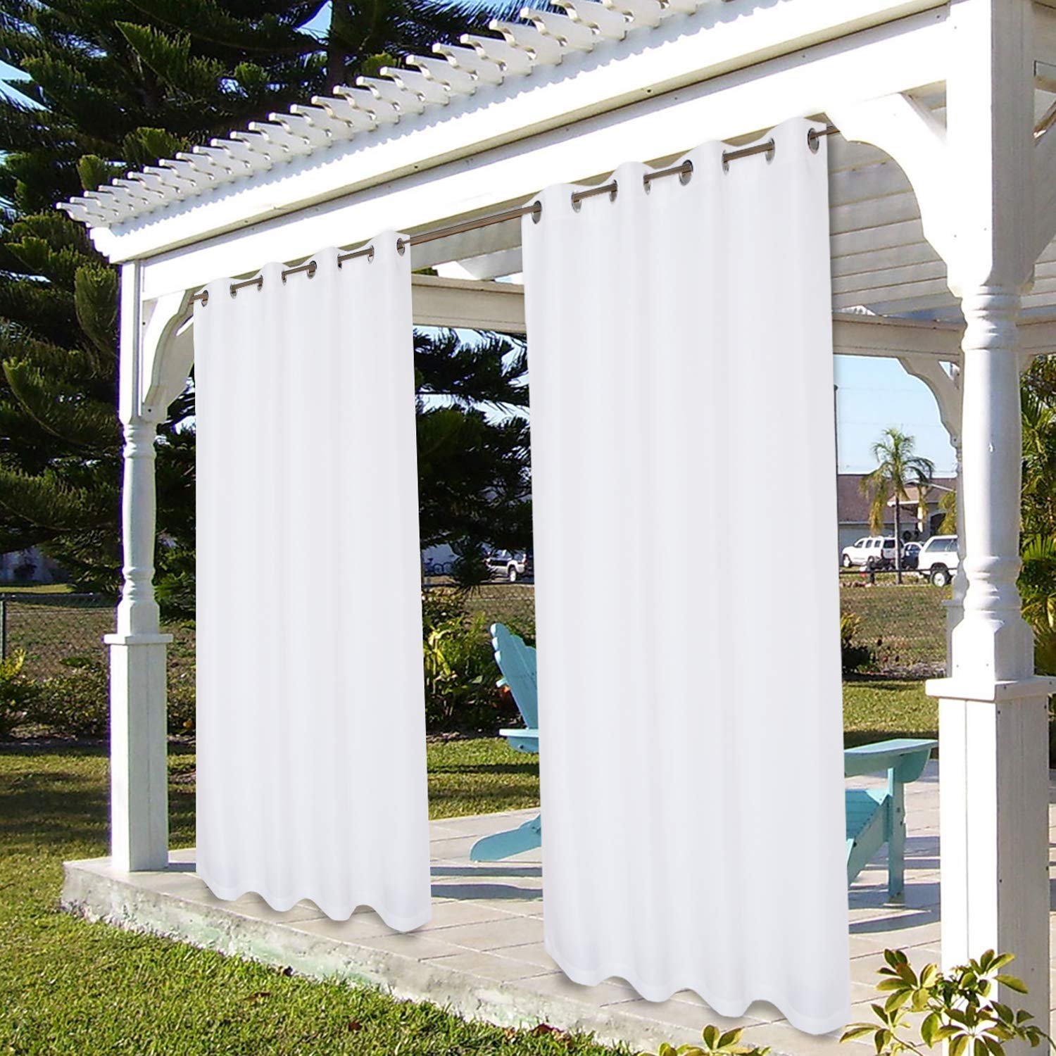 BONZER Outdoor Curtain hanging in a garden setting
