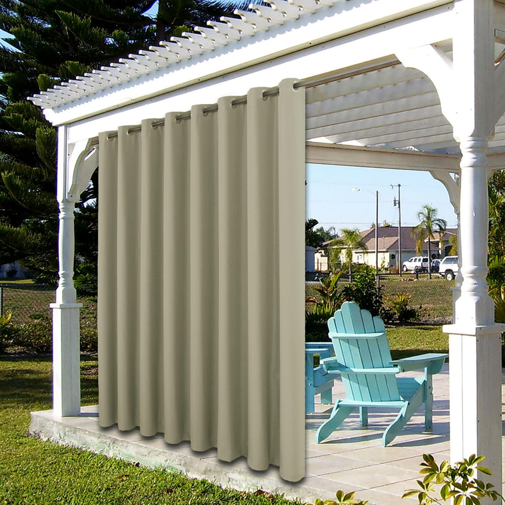 BONZER outdoor curtain taupe displayed in outdoor setting