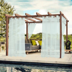BONZER Outdoor Curtains Seafoam hanging on a patio