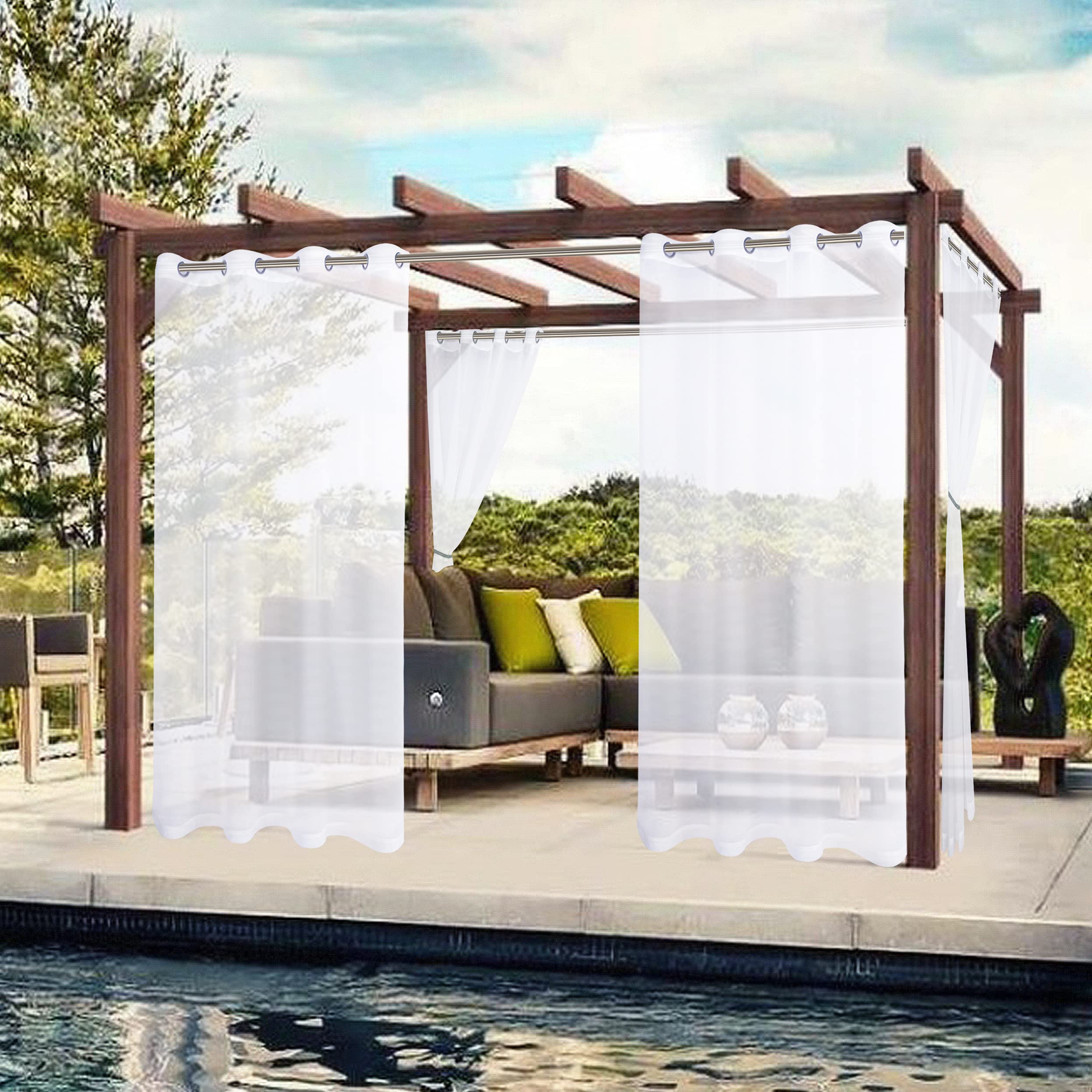 BONZER Outdoor Sheer Curtain displayed in a garden setting