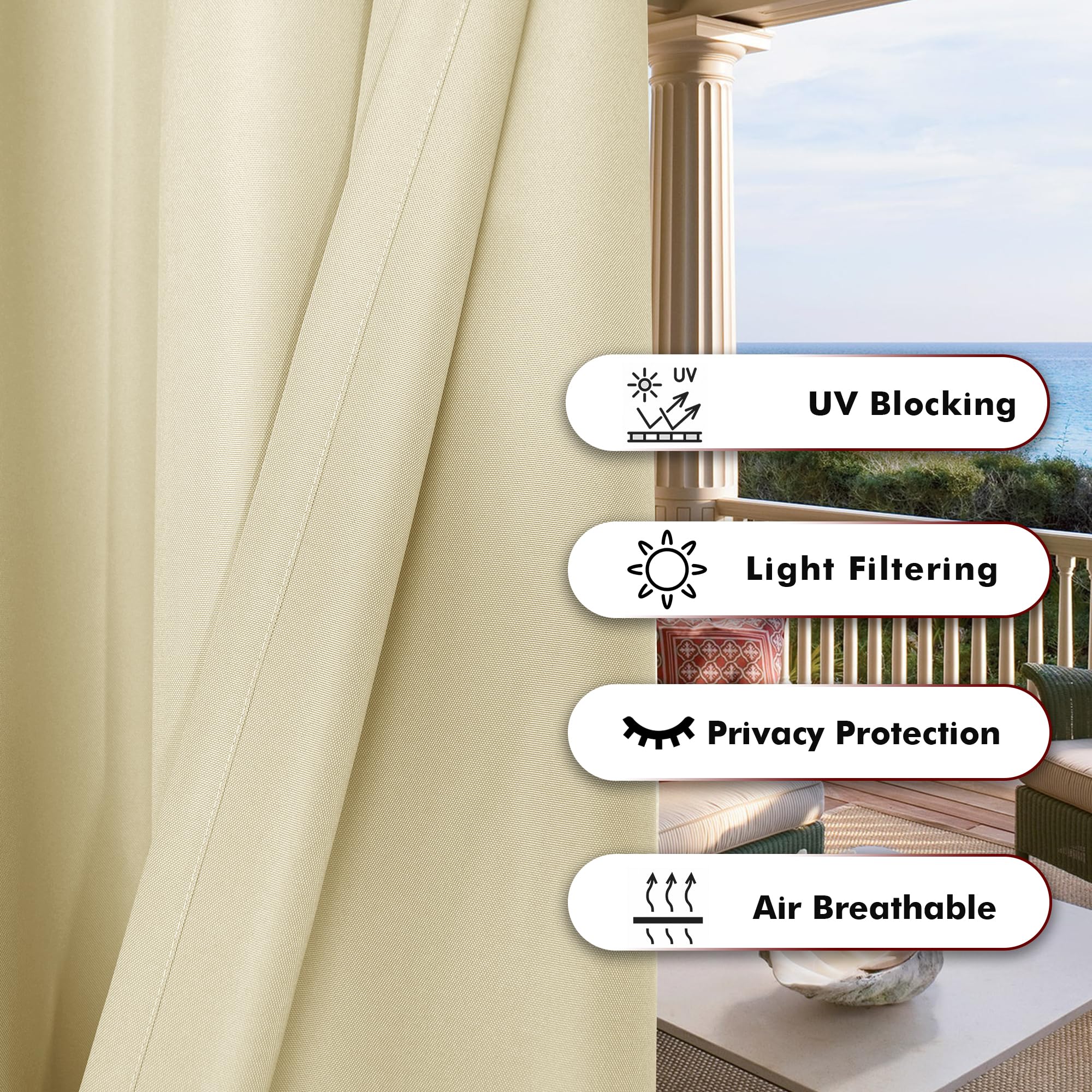 BONZER Outdoor Waterproof Curtain draped on patio