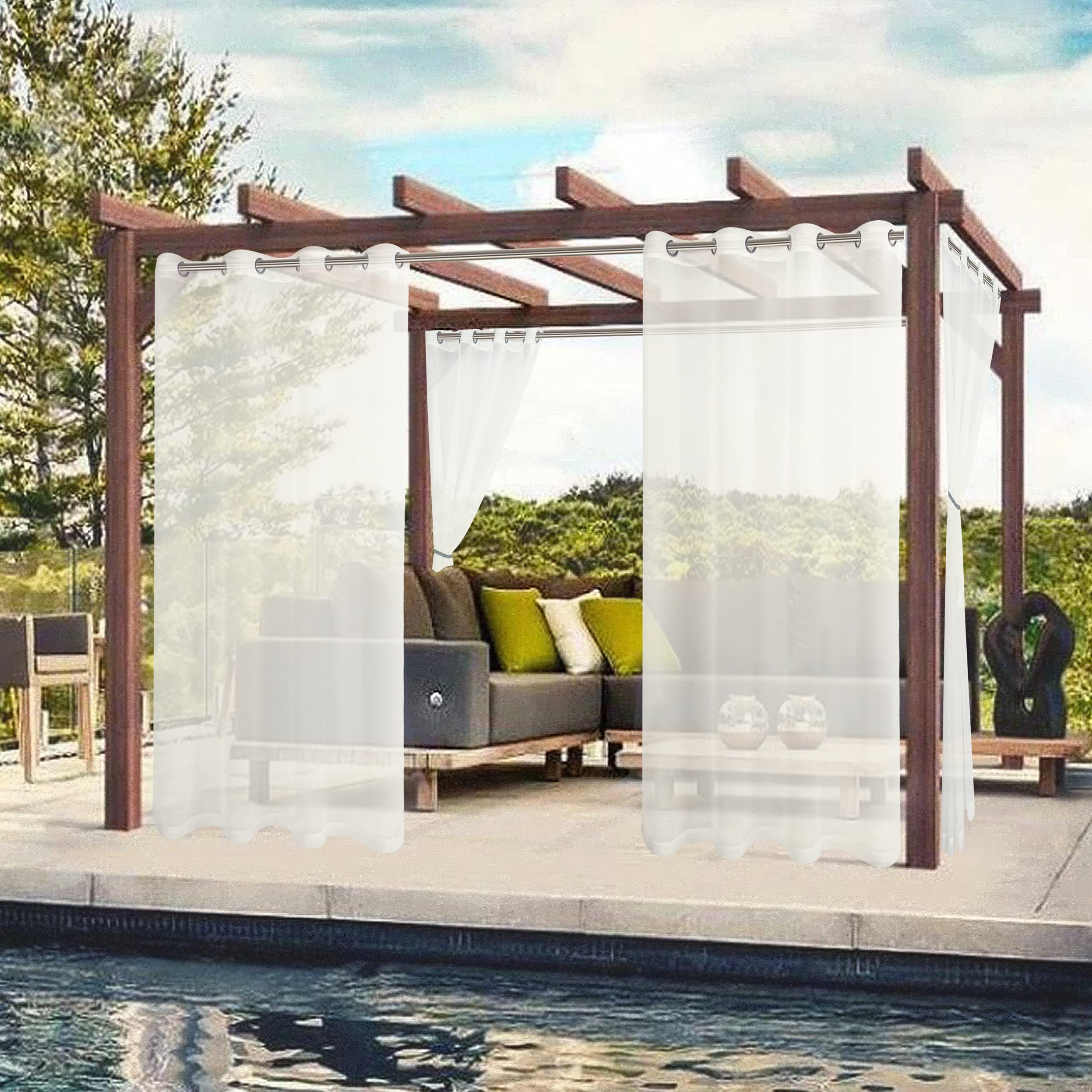 BONZER sheer outdoor curtains beige hanging on a patio
