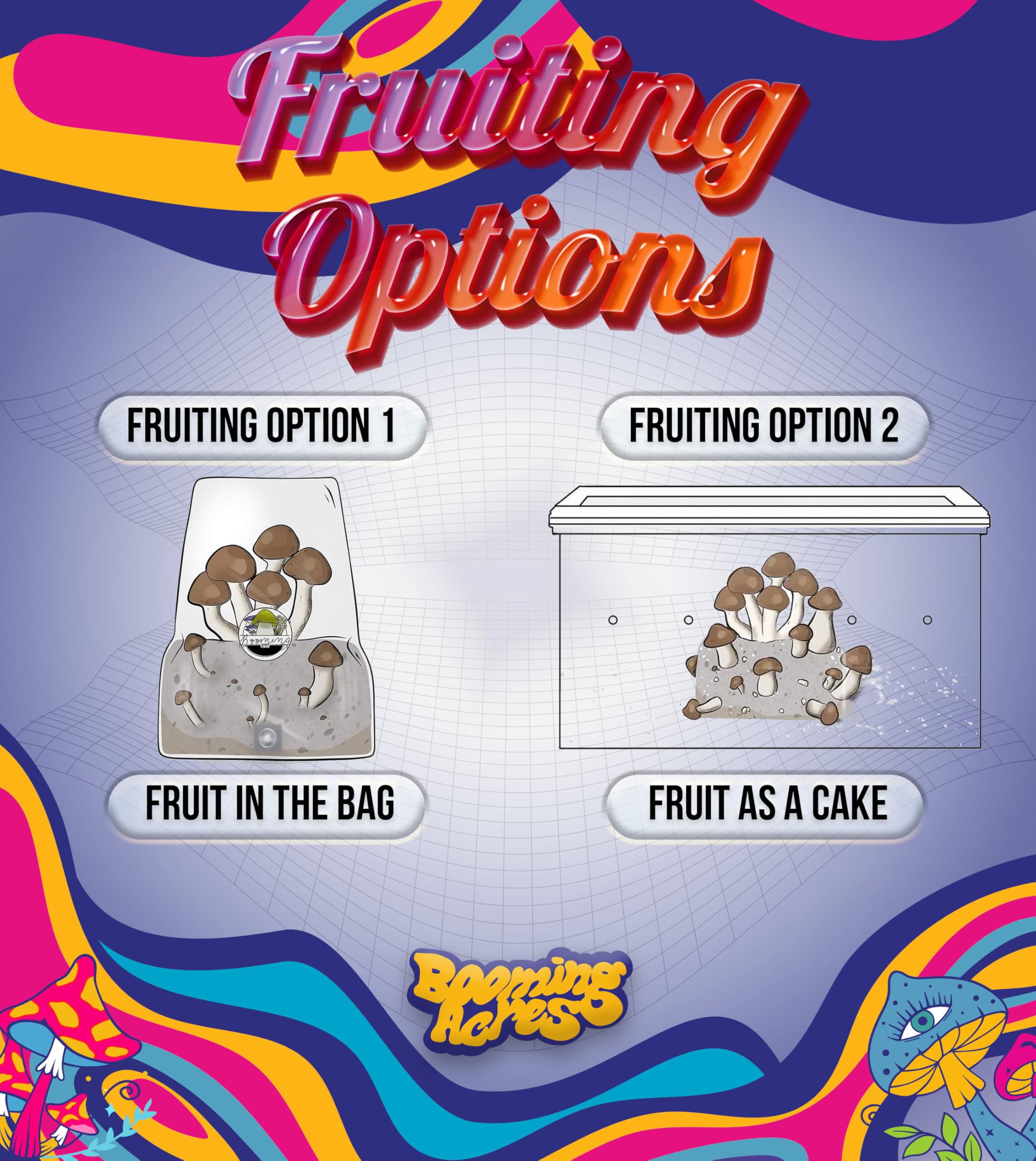 Booming Acres Mushroom Grow Bag packaging with materials listed