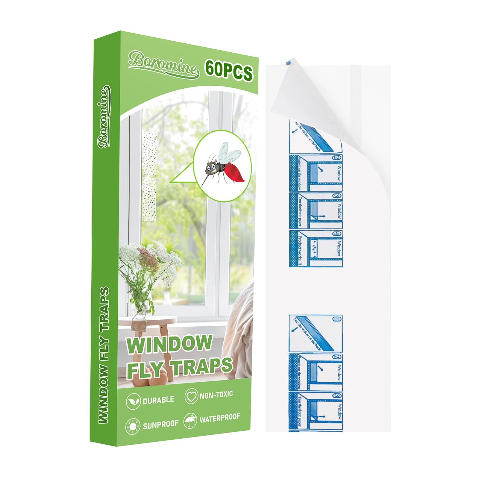 Boromine 60 Pack Window Fly Traps front view with packaging