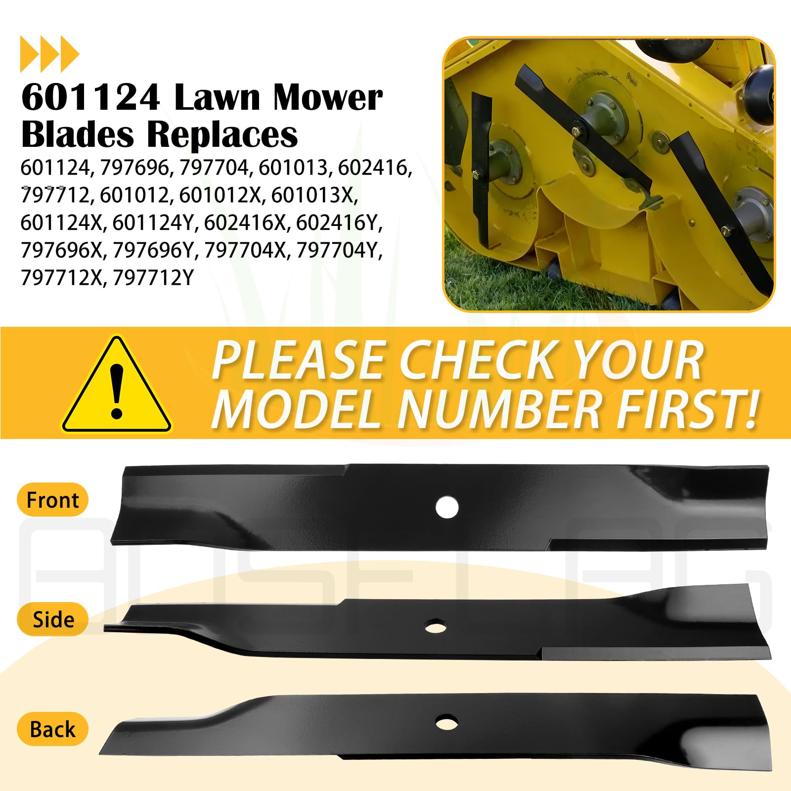 BOSFLAG Low Lift Mower Blades showing installation hardware kit