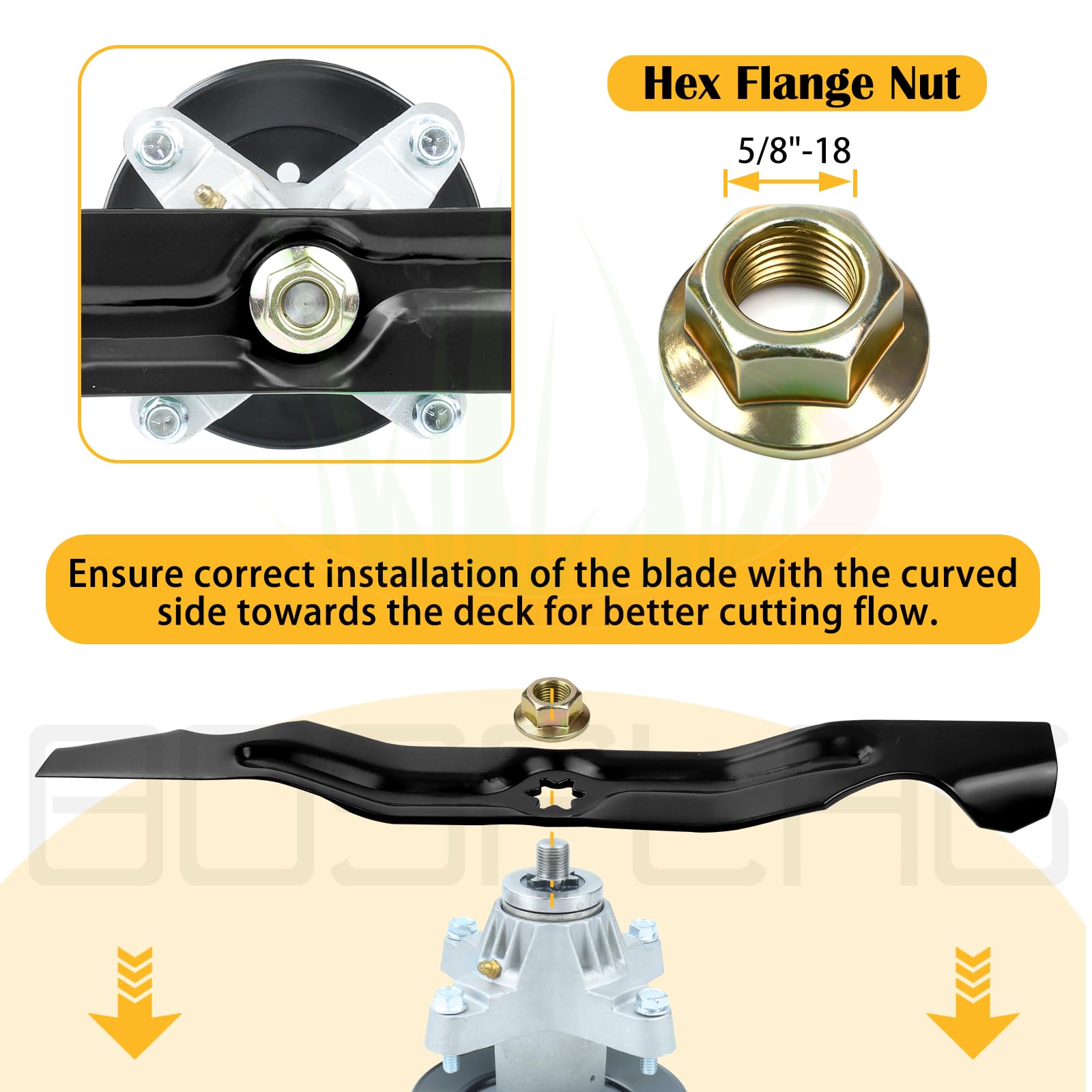 BOSFLAG mower blades showing 6-point star center hole