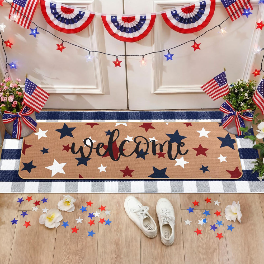 Both door mats displayed outdoors on a porch