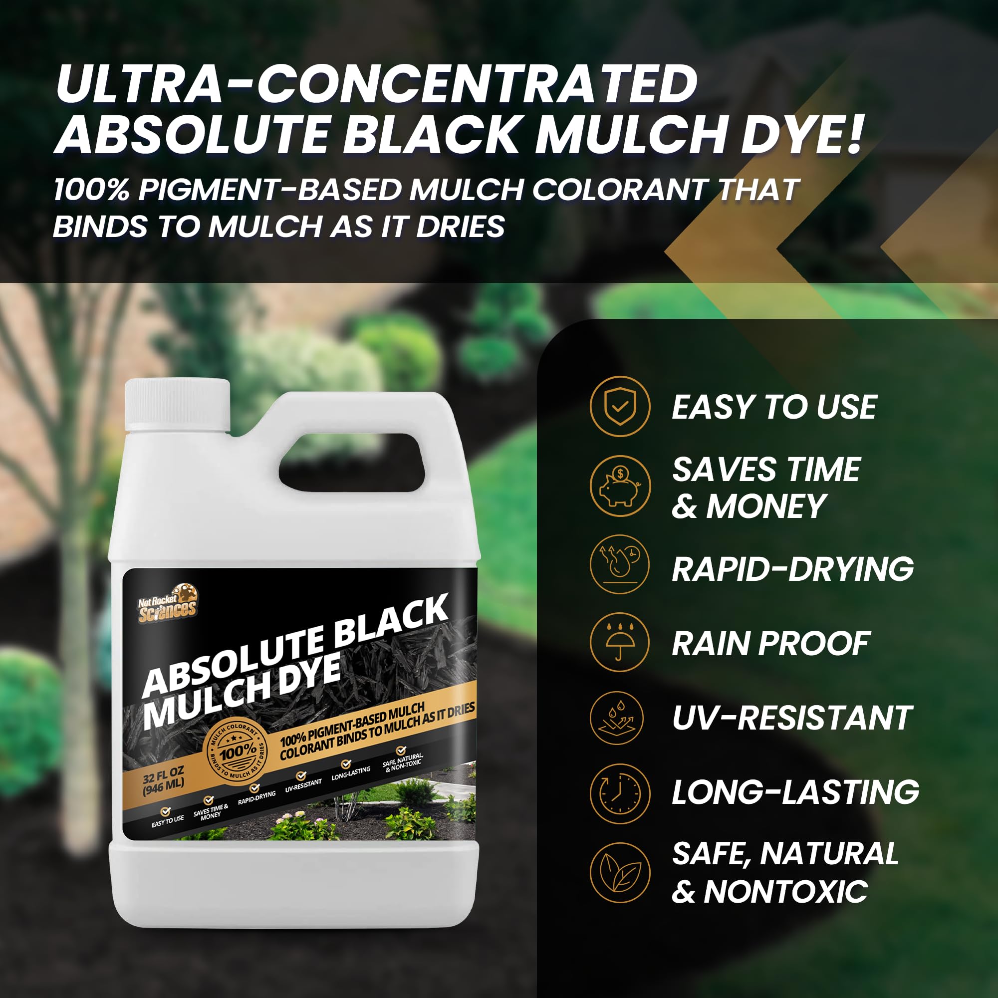 Bottle of 32oz Absolute Black Mulch Dye with label