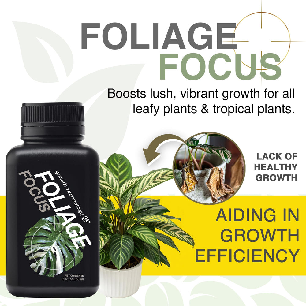 Bottle of Growth Technology GT Foliage Focus on a wooden table