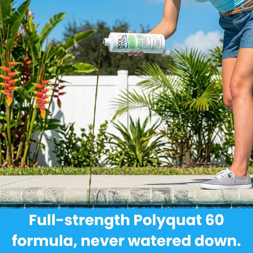 Bottle of Pool Season Polyquat 60 Algaecide on a pool deck