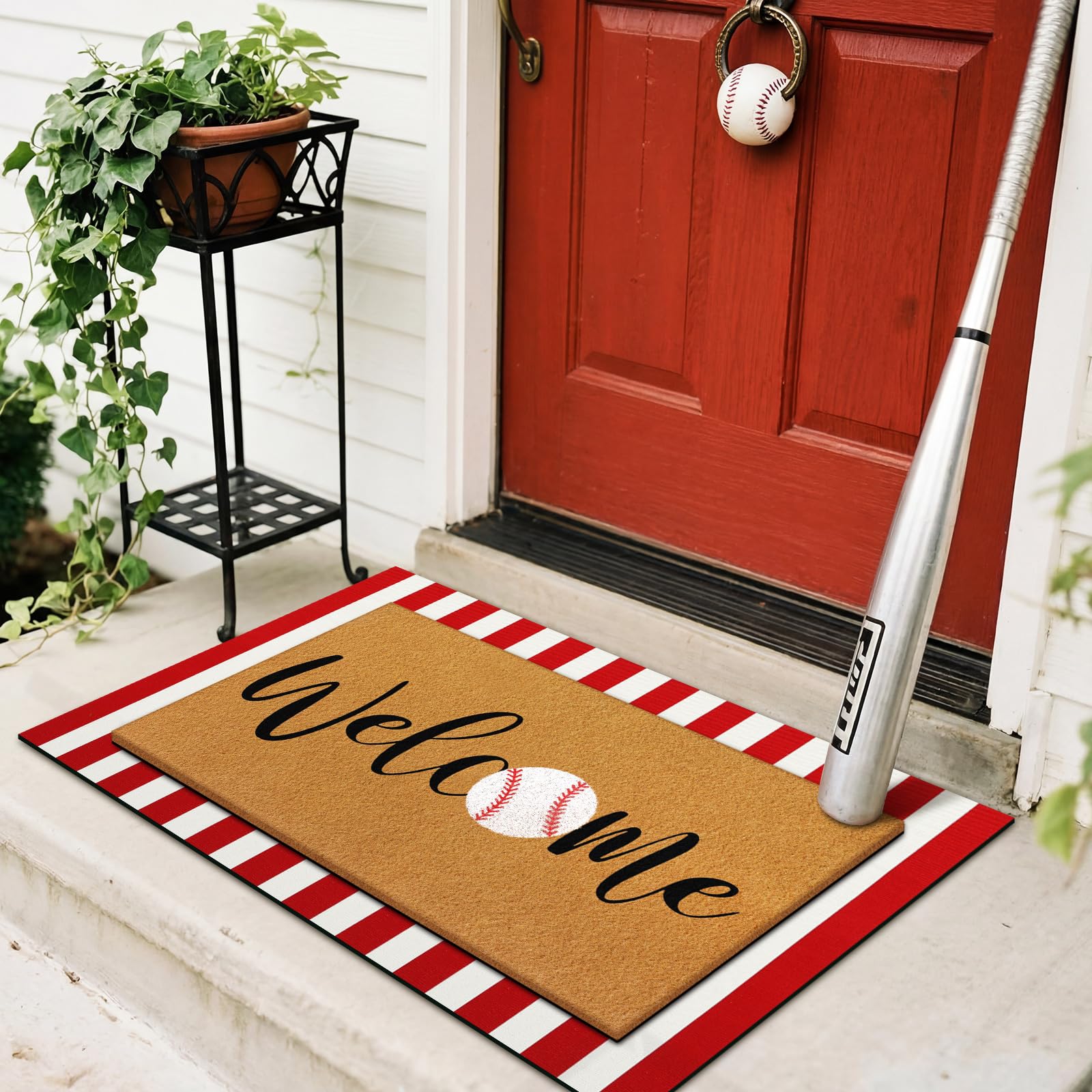 Bottom doormat of Drydiet Baseball Welcome Doormat Set on outdoor porch
