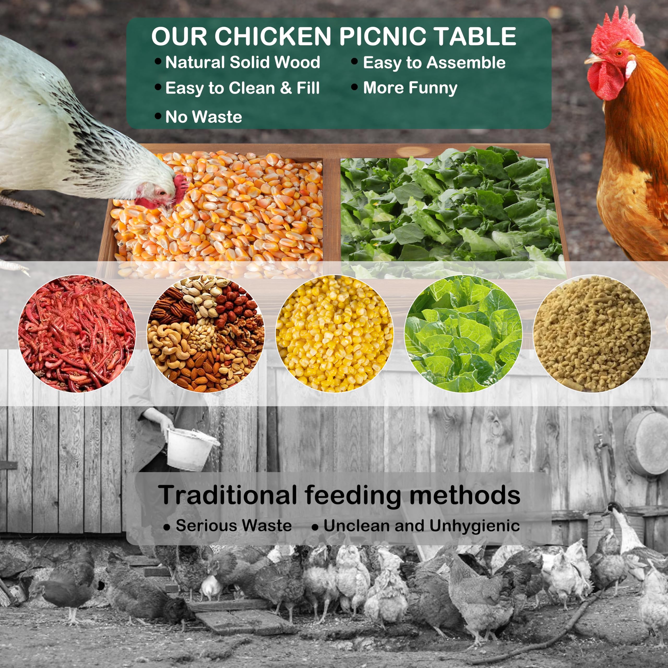 Boulphia picnic table chicken feeder with natural wood finish