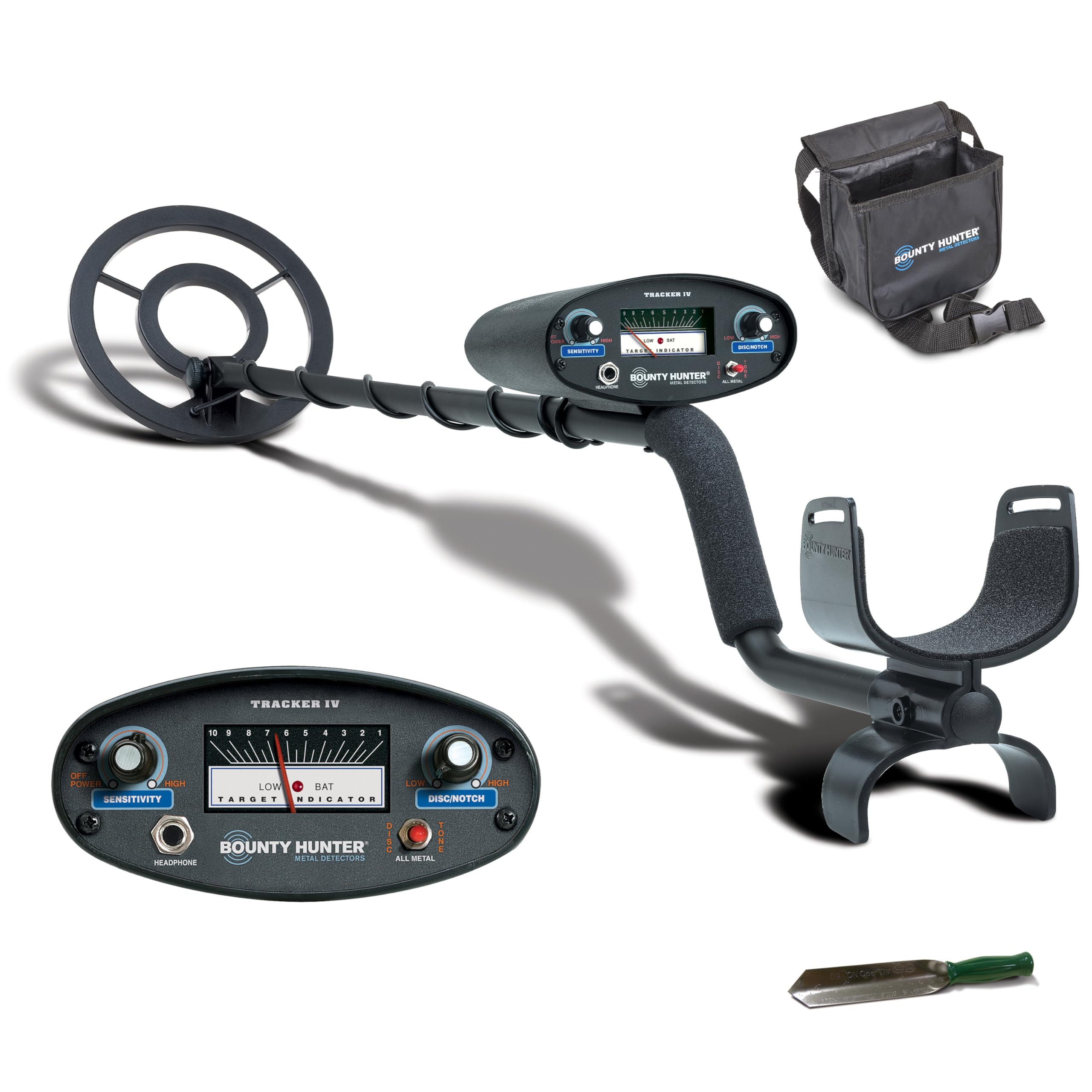 Bounty Hunter Tracker IV Metal Detector front view with 8 inch waterproof coil
