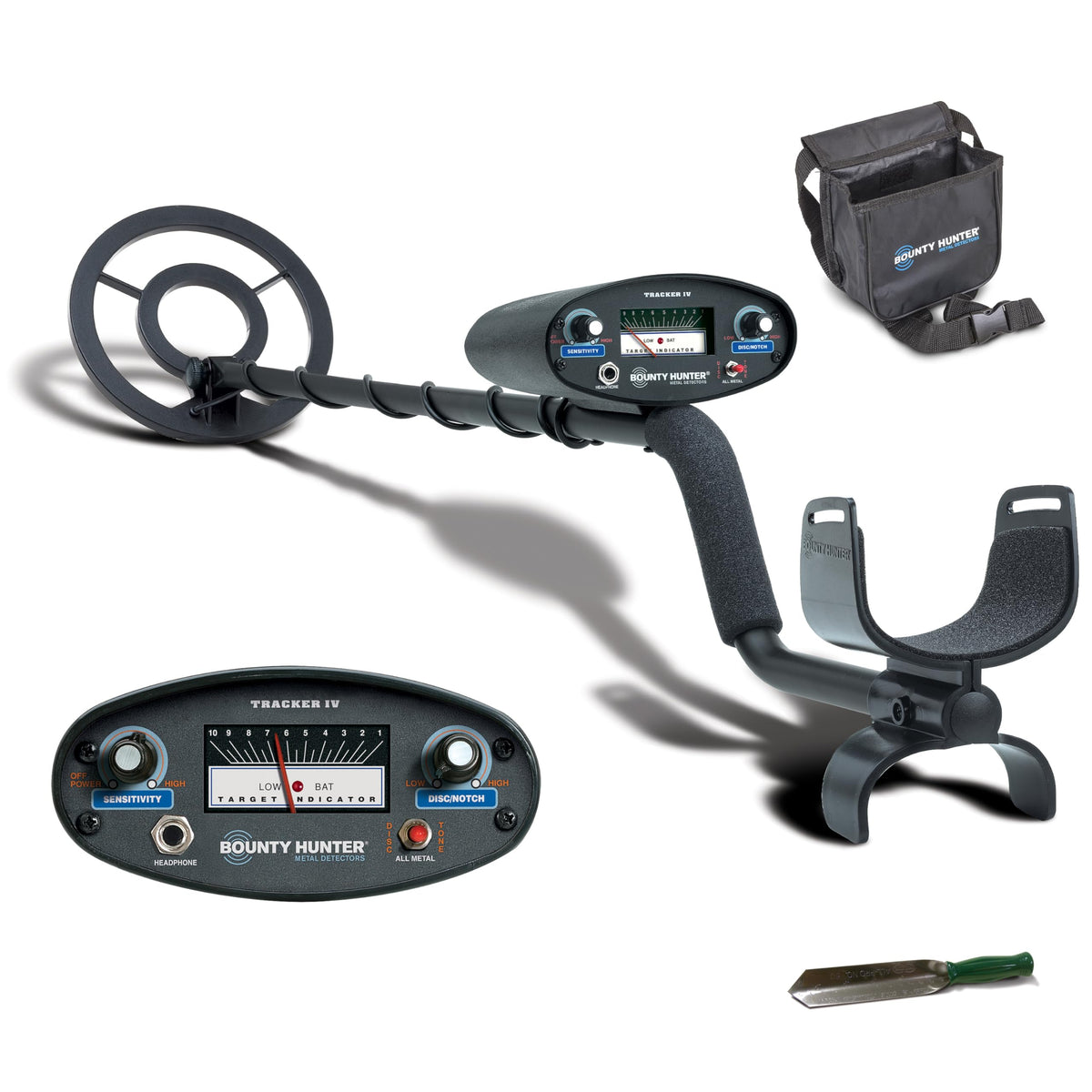 Bounty Hunter Tracker IV Metal Detector front view with 8 inch waterproof coil