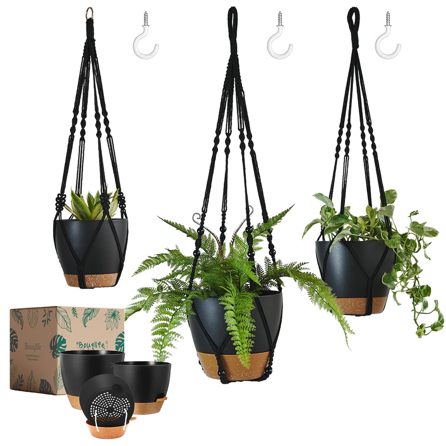 Bouqlife 3 Pack Large Hanging Planters with macrame hangers, black color