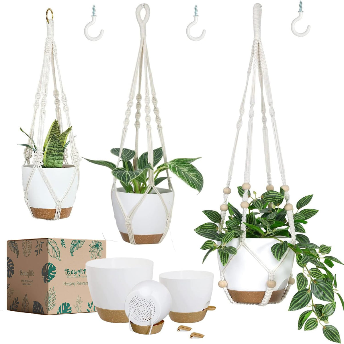 Bouqlife 3 Set Self Watering Hanging Planters with macrame hangers
