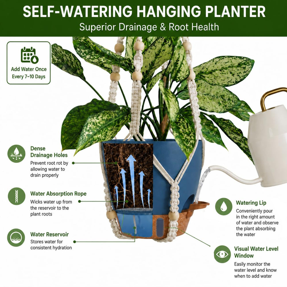 Bouqlife dusty blue macrame hanging planter in living room