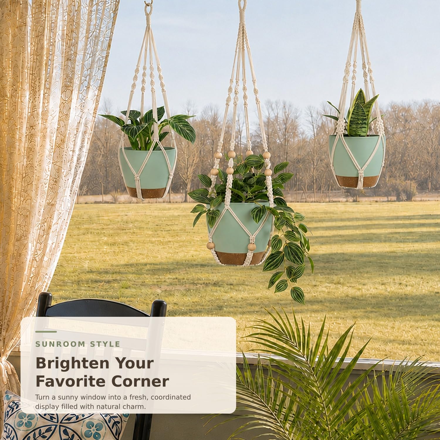 Bouqlife macramé hanging planters displayed with indoor plants