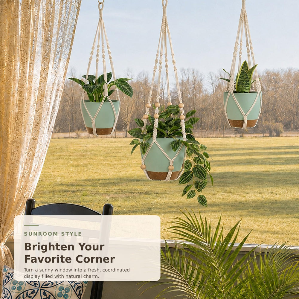 Bouqlife macramé hanging planters displayed with indoor plants