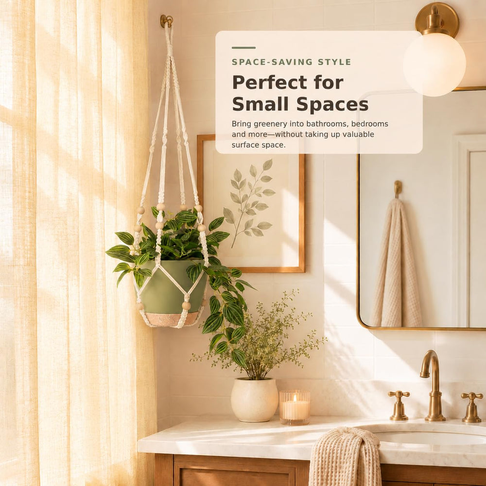 Bouqlife macrame plant hangers hanging from a ceiling