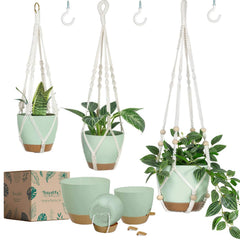 Bouqlife self watering hanging planter with macramé hanger and green pot