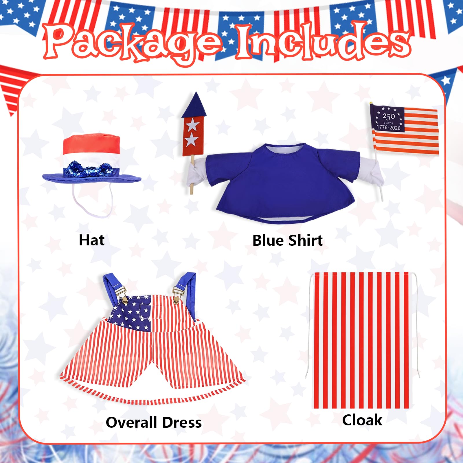 Box content of GJL 4th of July Goose Outfit including top, cape, and hat