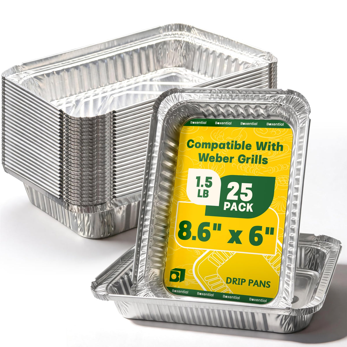 Boxential Grill Drip Pans 25 Pack in aluminum, front view