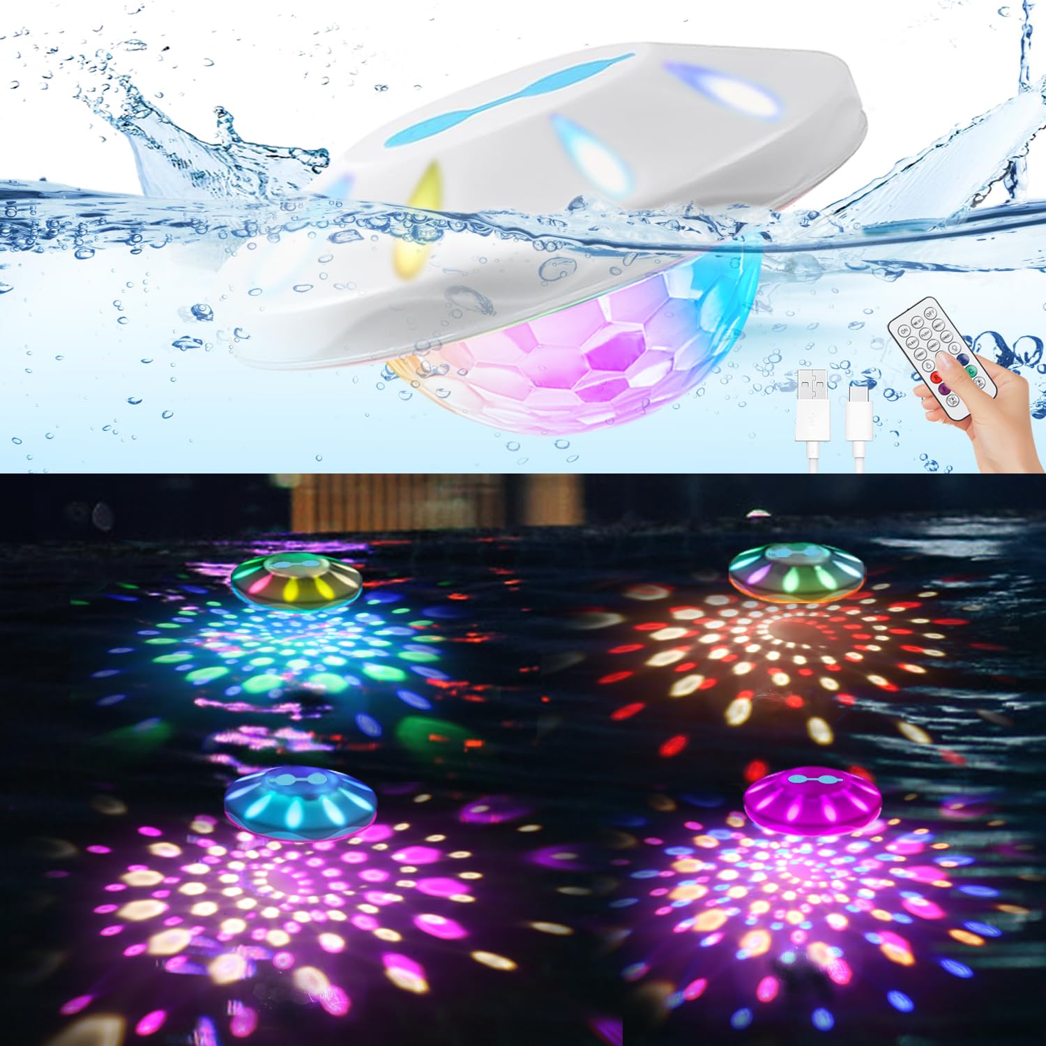 BOXPSII Floating Pool Lights front view in water