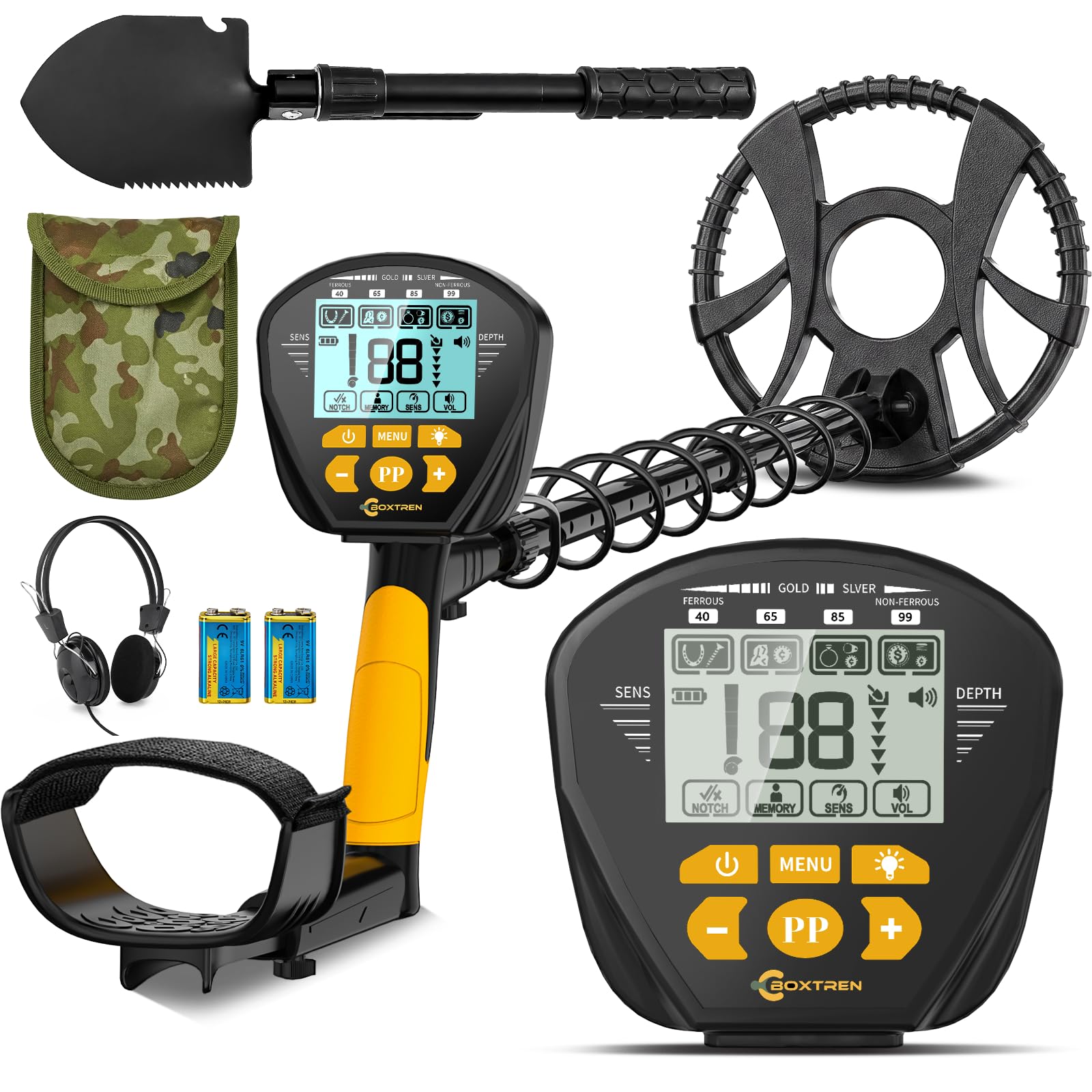 BOXTREN 10-inch metal detector front view with backlit LCD