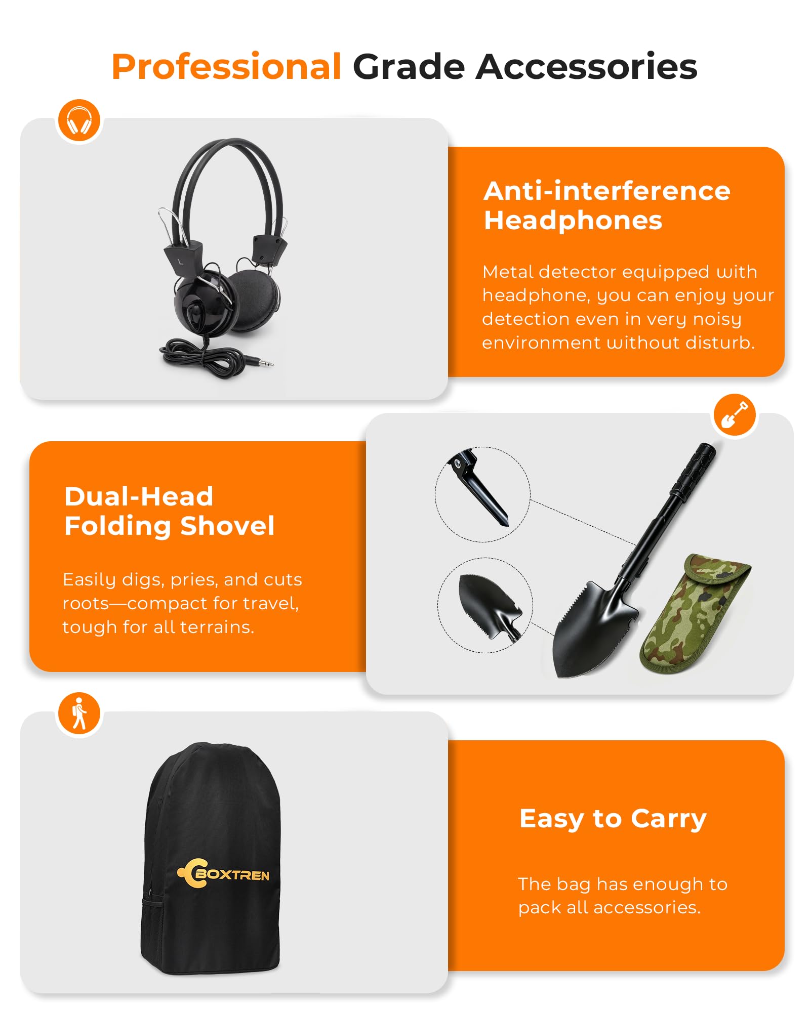 BOXTREN Metal Detector packed in the included carry backpack
