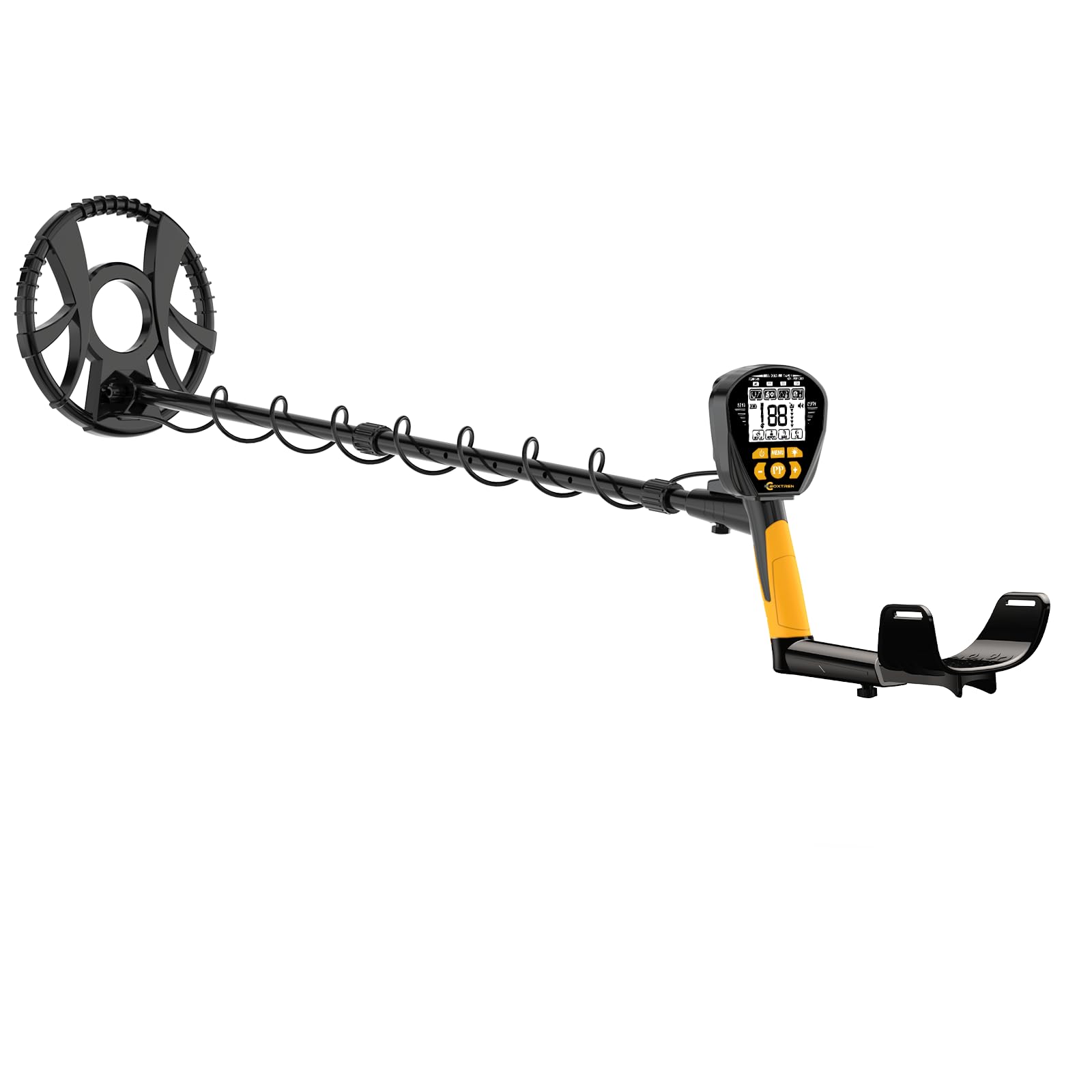BOXTREN metal detector showing settings on backlit LCD