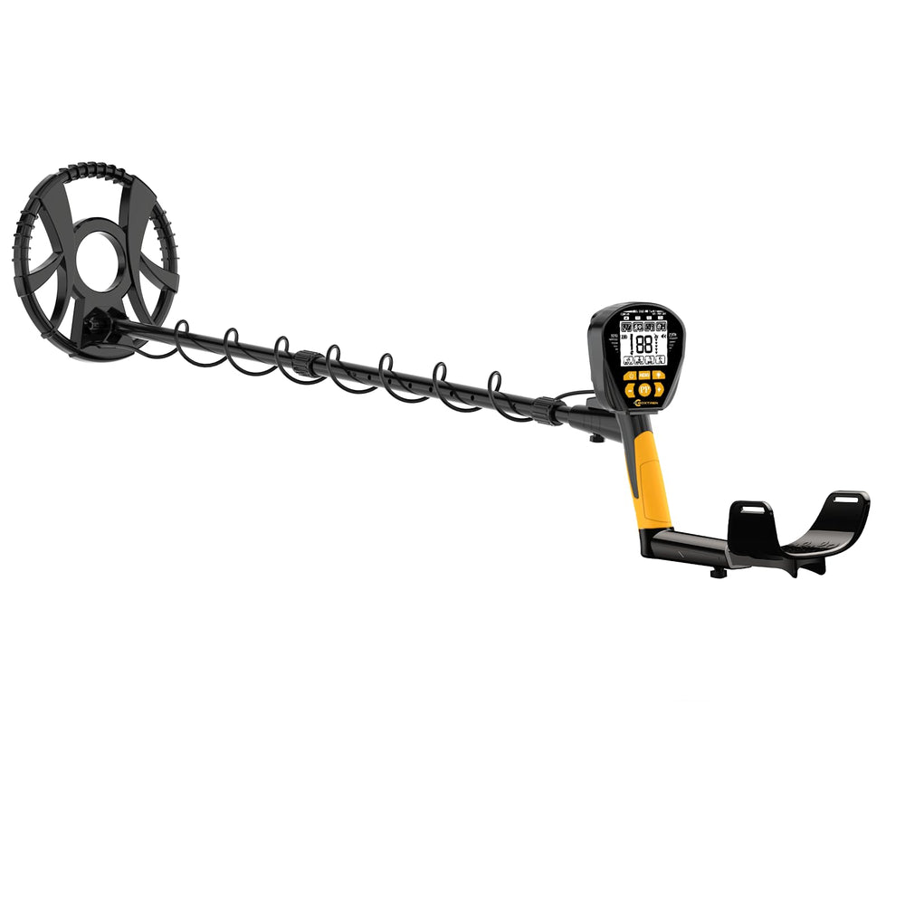 BOXTREN metal detector showing settings on backlit LCD