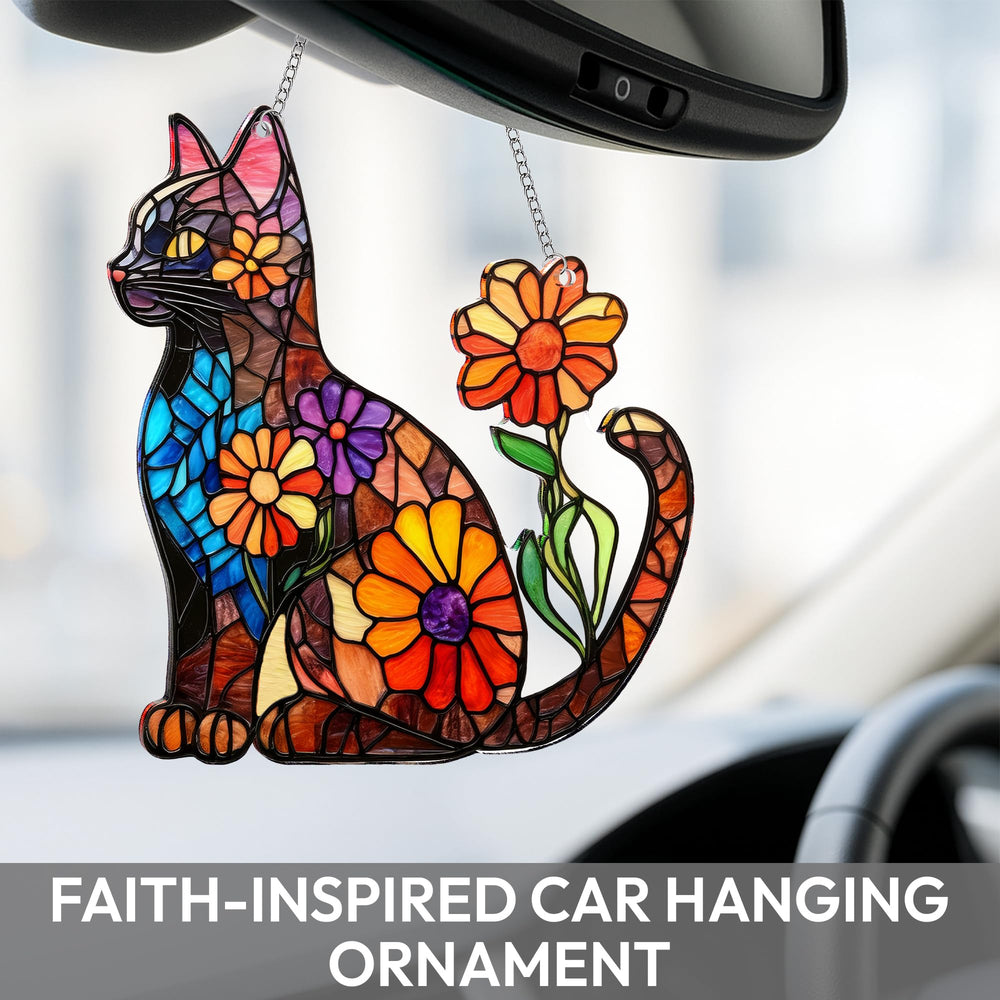 BOYESE Flower Black Cat Acrylic Suncatcher Ornament hanging on a Christmas tree
