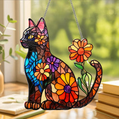 BOYESE Flower Black Cat Acrylic Suncatcher Ornament with cord and string