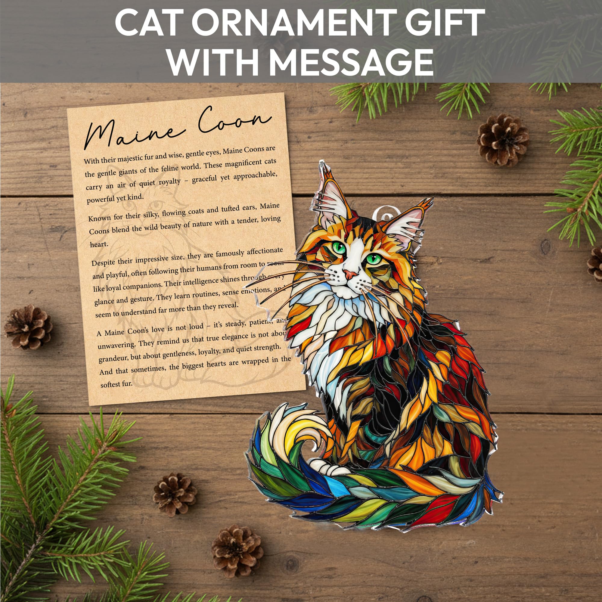BOYESE Maine Coon Cat Ornament displayed with holiday gifts