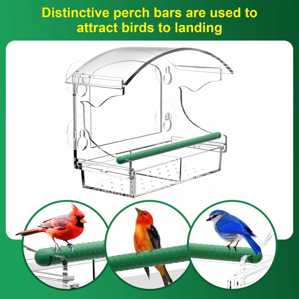 BPYOT Clear Acrylic Bird Feeder attached to window with birds feeding