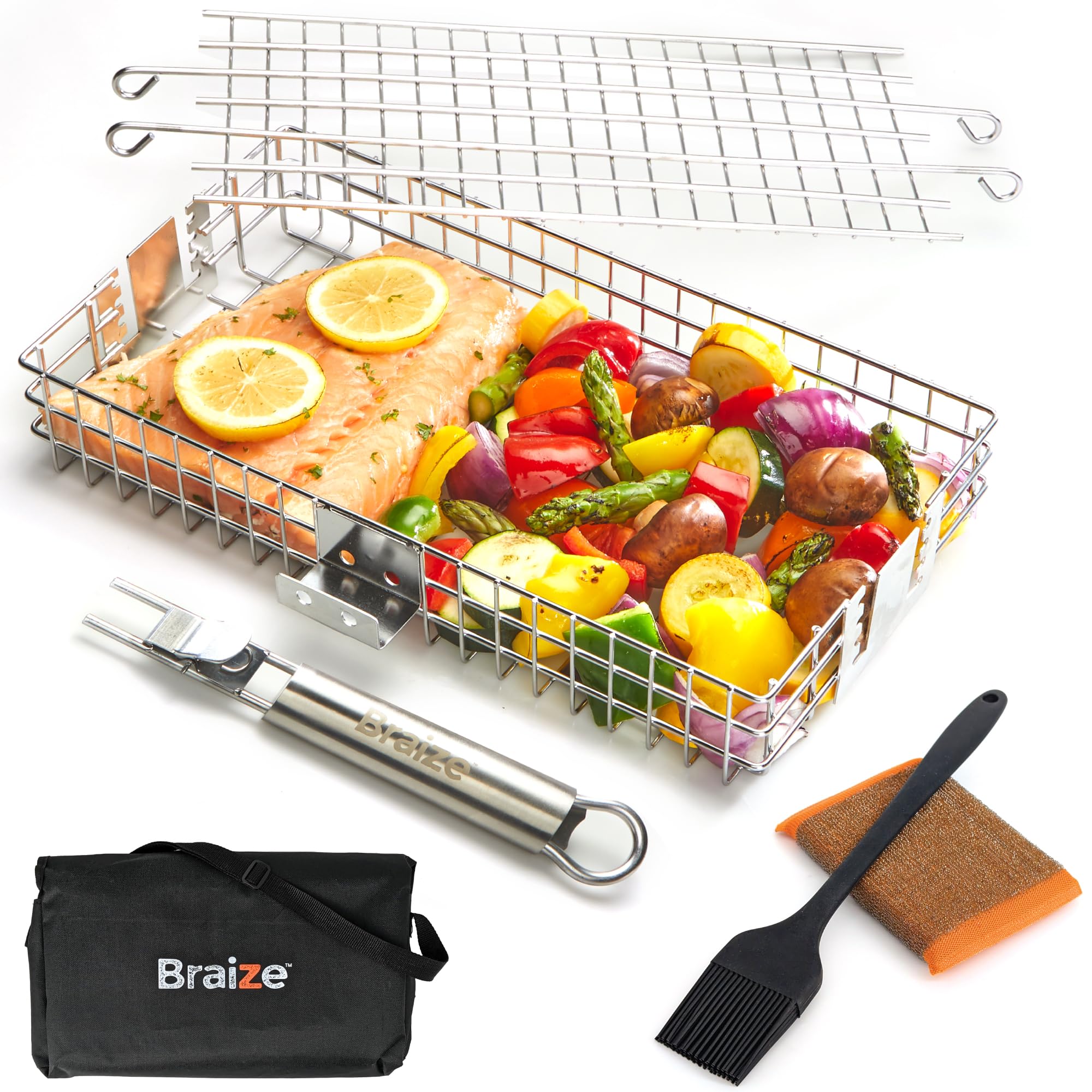 Braize Adjustable Grill Basket with removable handle and locking lid