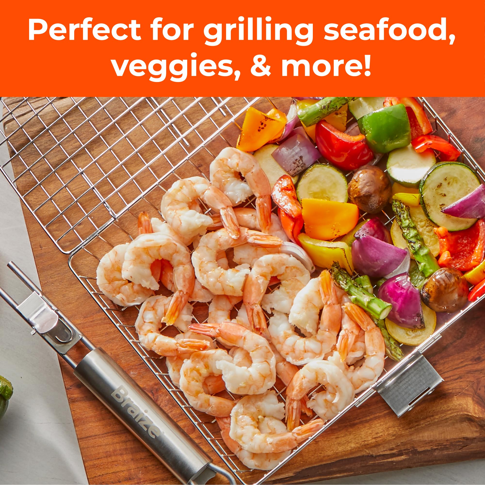 Braize grill basket close-up showing stainless steel finish